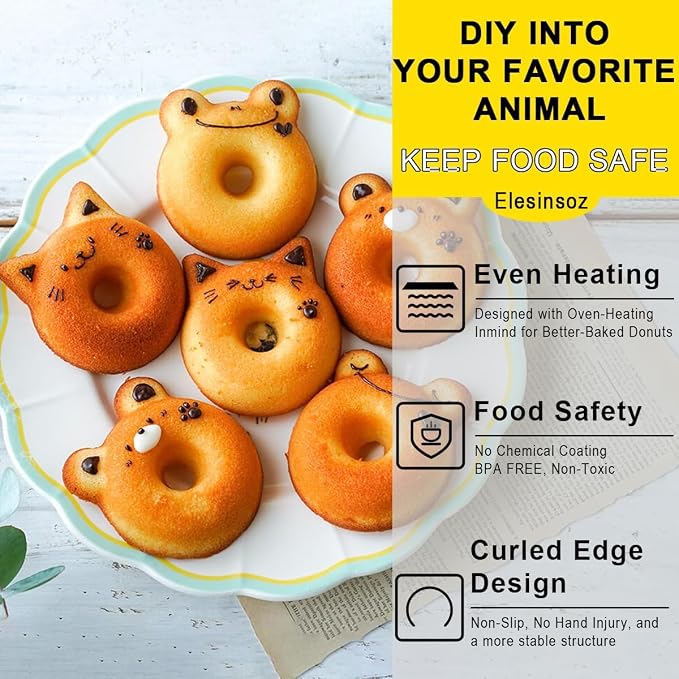 2 Pack Donut Pans, 2 1/2" Non-Stick Cat & Bear-Shaped Donut Mold Cake Pan, 6 Cup Carbon Steel Doughnut Pan for Home Baking