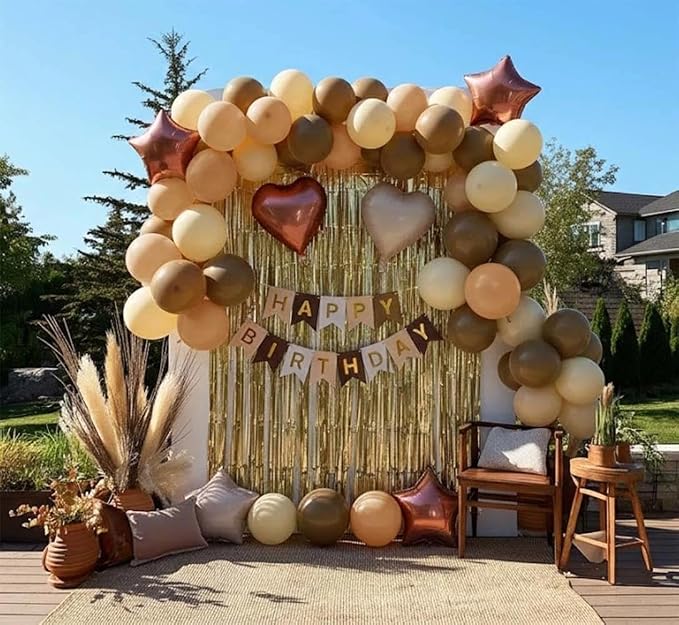 Brown Birthday Balloon Kit,Brown Apricot White Balloons Happy Birthday Banner Fringe Curtains Heart and Star Foil Balloon for Baby Shower Bear Boho Party Decoration