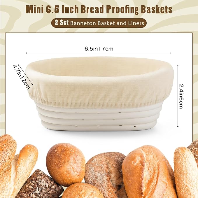 Fanfanwin 2 Pack Mini Bread Proofing Baskets with Liners Banneton Baskets Dough Proofing Bowls for Home Sourdough Bread Baking Supplies(Oval)