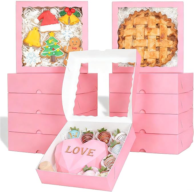 TEMLQPACK 50 Pack 9"x9"x2.5" Pie Boxes Pink Bakery Boxes with Window, Pie, Cookies, Chocolate Covered Strawberries, Breakable Heart, Charcuterie Boxes for Christmas