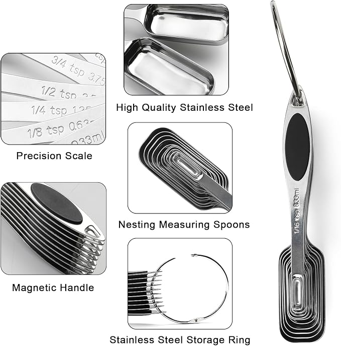 Magnetic Measuring Spoons Set of 11,Stainless Steel Magnetic Measuring Spoons,Teaspoon Measuring Spoon with Leveler for Dry or Liquid Ingredients (11, Black)
