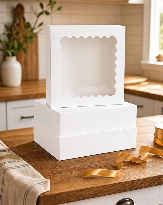 Bakepacker 120pcs White Pie Boxes 12"x 12"x 3" Easy Assemble Macaroon Cookie Boxes Bakery Boxes with Window for Bakery (Auto-pop Up)