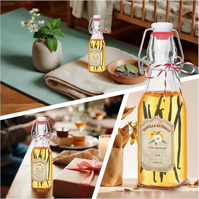 8oz Swing Top Glass Bottles for Vanilla Extract - 10 Pack Airtight Square Clear Jars with Leak-Proof Lids, DIY Kit with Stickers & Funnel