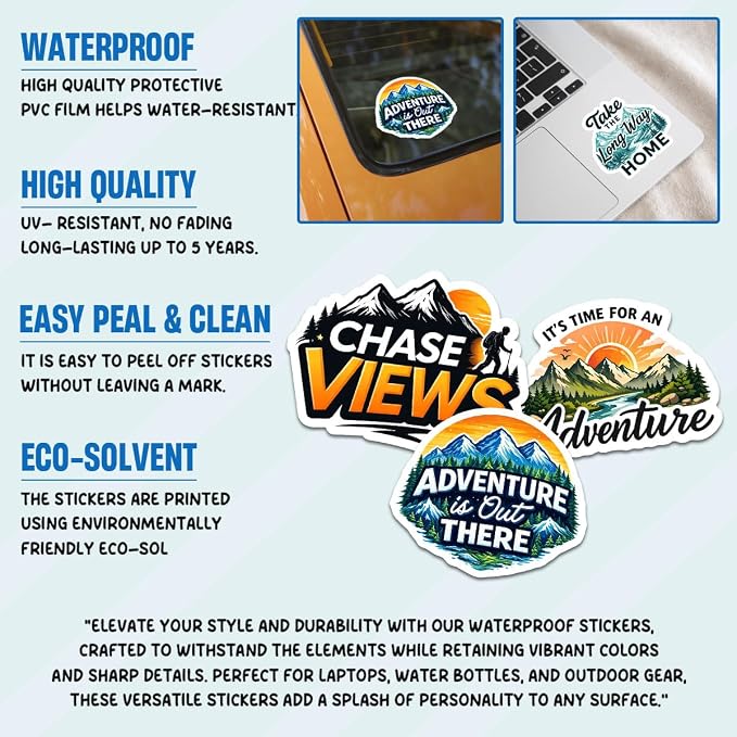 10pcs Adventure Camping Stickers Funny Outdoor Travel Nature Mountain Forest Designs, Gifts for Hikers Campers Multiple Different Design, Waterproof UV-Resistant for Water Bottle, Laptop, Window, Car