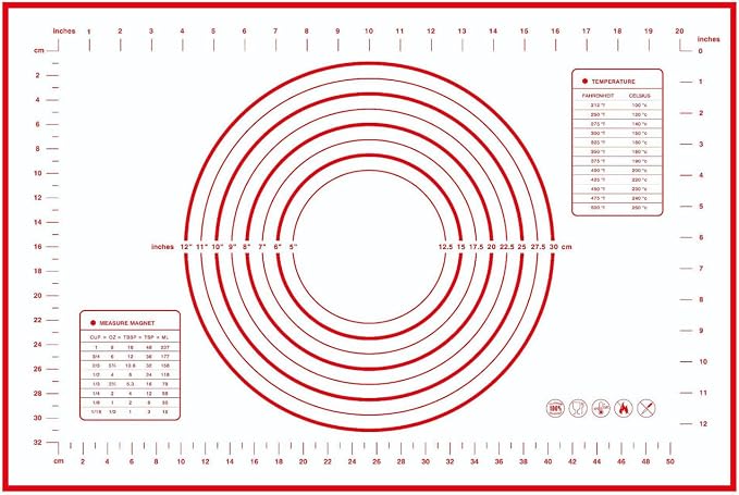 Silicone Pastry Mat 24 x 16 Inch, Non-Stick Dough Mat with Measurements | 24 x 16 inch food-grade silicone pastry mat with non-stick surface, printed guides, easy cleanup and roll-up storage.