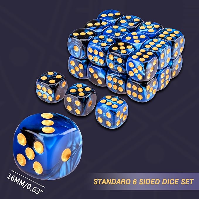 24 of Pack 16MM 6 Sided Dice Set,Two Colours D6 Game Dice Set, 6 Sided Standard Dices for Yahtzee, Bunco or Teaching Math,with Portable Dice Pouch(Blue and Black)