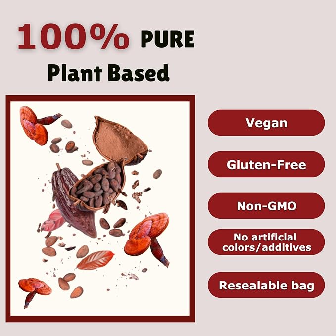 Cacao & Reishi Mushroom Blend Powder, 8oz - Organic, Non-GMO, Vegan, Gluten Free, Keto Bag – Antioxidant-Rich Raw Cacao with Adaptogens to Support Relaxation & Wellness
