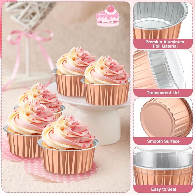 Gejoy 400 Pcs Aluminum Foil Baking Cups with Lids 5 oz Disposable Ramekins Mini Cake Pans Creme Brulee Cupcake Liners Muffin Tins Flan Mold Dessert Container for Wedding(Rose Gold,Classic)