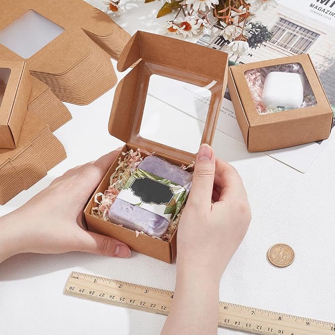 BENECREAT 30pcs Square Kraft Paper Boxes, Gift Boxes with Clear PVC Window for Wedding Gift, Chocolates, Cookies and Other Small Crafts, 3.6x3.6x1.57 Inch