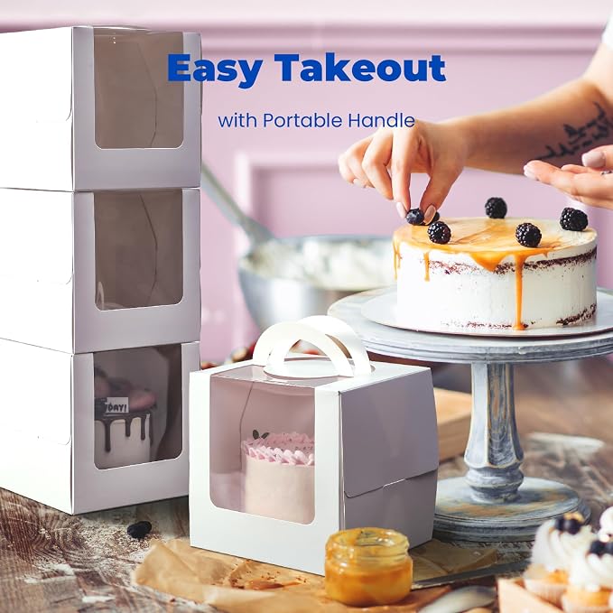 Fit Meal Prep 25 Pack 6 x 6 x 6 Inches Cake Boxes with Cake Boards, White Bakery Boxes with Window & Handle, Small Cake Boxes for Birthday Party, Wedding, Valentine's Day, Christmas