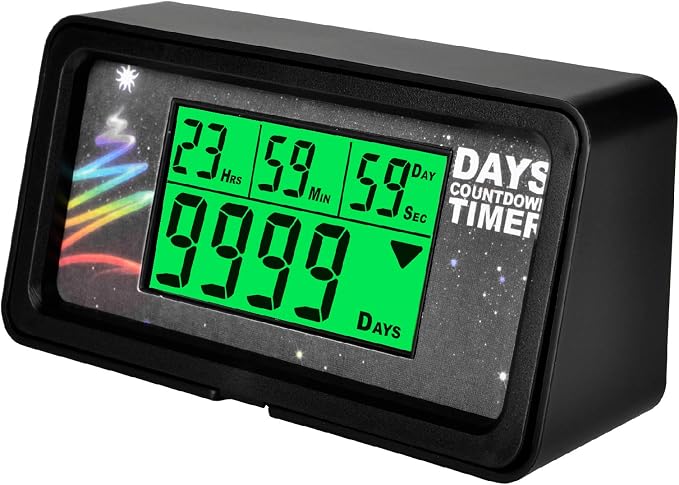 9999-Day Countdown Clock with 10 Cards for Wedding and Vacation | Shows total days, hours, minutes and seconds; 10 swappable paper themes, magnetic frame, 12/24-hour clock, 1-minute alert