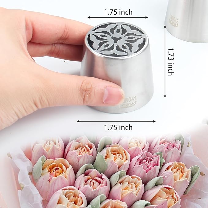 12-Piece Extra-Large Russian Flower Piping Tip Set, Stainless Steel Rose and Tulip Piping Tips for Cake Decoration, Including 10 Extra-Large Flower Tips, 1 Leaf Tip, and 1 Brush