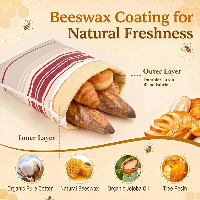 2 Pack XL Beeswax Bread Bags for Sourdough, Organic Beeswax Linen Cotton Bread Storage Bags with Bowl Cover & Cleaning Sponge Set, Fresh Bread Freezer Bags with Sealing Zip for Homesteading