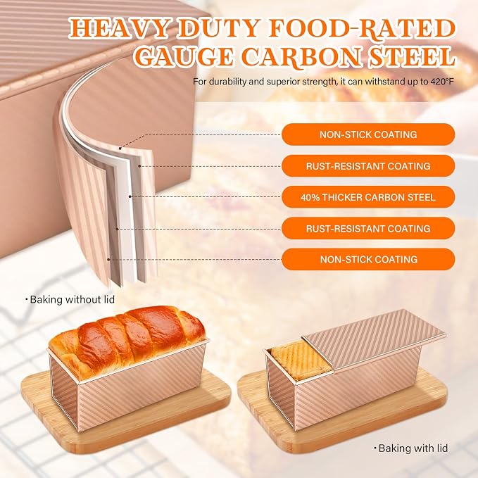 Bread Pan with Lids, 1Lb Dough Capacity, Non-Stick Carbon Steel Pullman Loaf Pan for Baking, Professional Toast Box Mold- Gold
