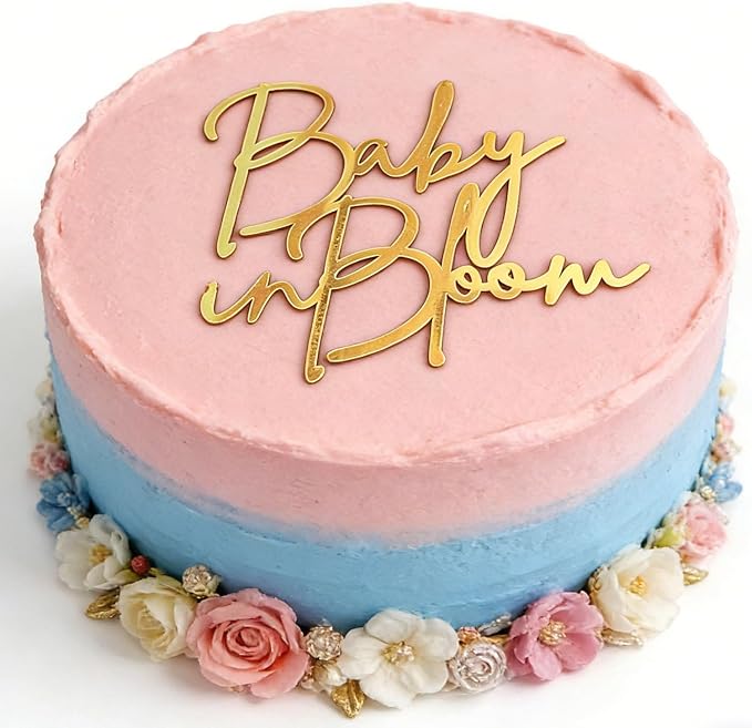 Baby in Bloom Gold Cake Topper,Acrylic Baby shower Cake Side Decorations, Gender Reveal Pregnancy Announcement/Birth Announcement/Welcome Baby Decorative Party Supplies