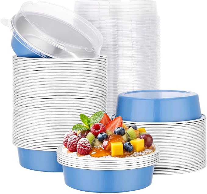 Beasea Aluminum Cupcake Pans With Lids, 100 Pack 7.3oz Disposable Pie Pans For Cake, 4 Inch Aluminum Pie Tart Baking Cups Tins Round Oven Mini Cake Pan For Tart Quiche Dessert - Moon Blue