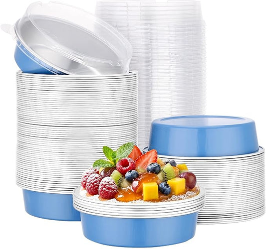Beasea Aluminum Cupcake Pans With Lids, 100 Pack 7.3oz Disposable Pie Pans For Cake, 4 Inch Aluminum Pie Tart Baking Cups Tins Round Oven Mini Cake Pan For Tart Quiche Dessert - Moon Blue