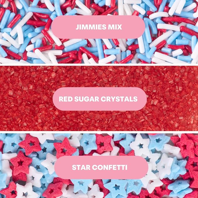 Sweets Indeed Dye Free 4th of July Sprinkles 3-Pack Set – Patriotic Sanding Sugar, Jimmies Mix and Star Sprinkles with No Artificial Dyes for Baking & Decorating Cupcakes, Cookies, Cakes & Desserts – 7.48 ounces