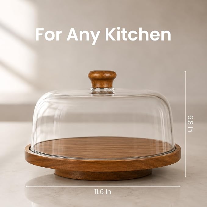 Rotating Acacia Wood Cake Stand with Lid Anti-Mold 12 Inch - 2-in-1 Wooden Charcuterie Board - Covered Dessert Plate with Acrylic Dome - Vintage Pastry Display - Tall Domed Serving Stand Platter - Brown