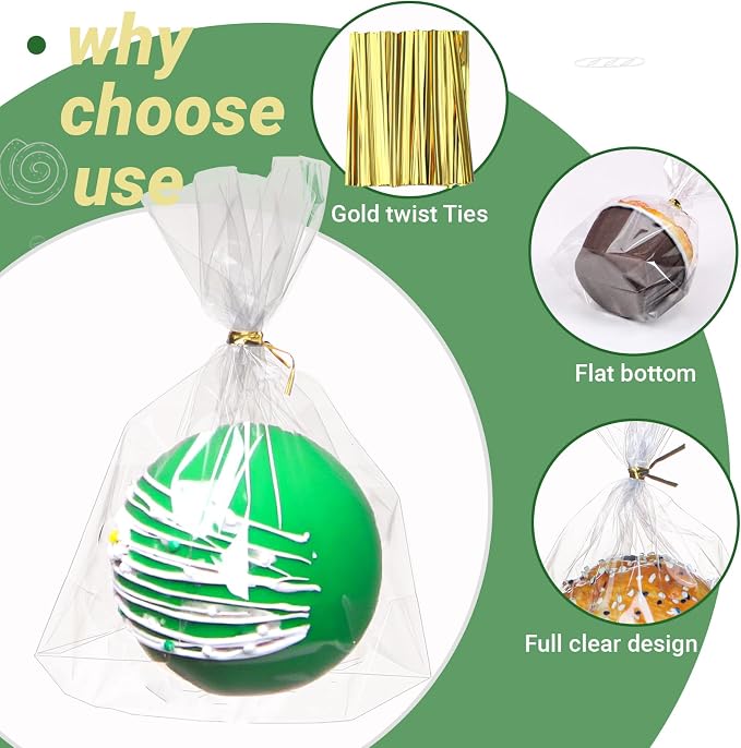 NEKSUNBAK 100Pack 6x7 Cellophane Cupcake Bags with Gold Twist Ties, Flat Bottom–Food Safe Bakery Packaging for Muffins, Chocolate Bombs, Cookies&Macarons–Perfect for Party Favors&Holiday