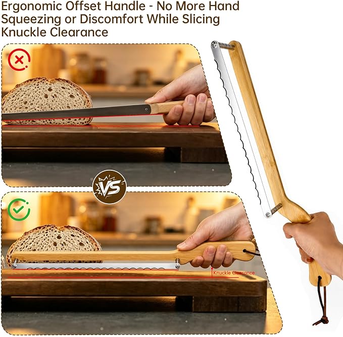 Bread Knife for Homemade Bread Sourdough, Left or Right Handed | Ergonomic Bamboo Handle, Stainless Steel Serrated Sourdough Slicer, Adjustable Loaf Cutter with Measurement Marks