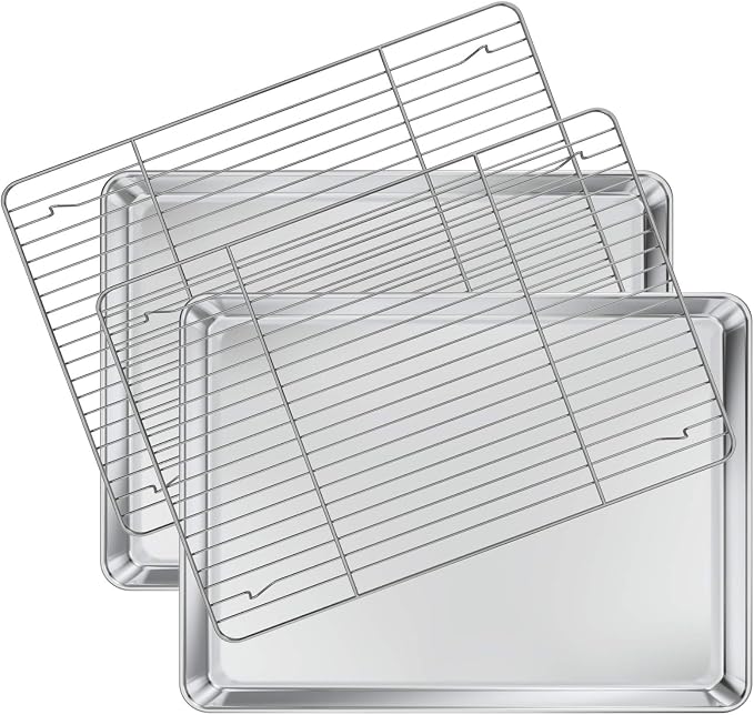 Deedro Baking Sheet with Rack Set [2 Sheets + 2 Racks], Stainless Steel Cookie Half Sheets Baking Pan Oven Tray with Cooling Rack, 17.32 x 12.28 x 1 Inch, Heavy Duty, Non-toxic, Easy Clean