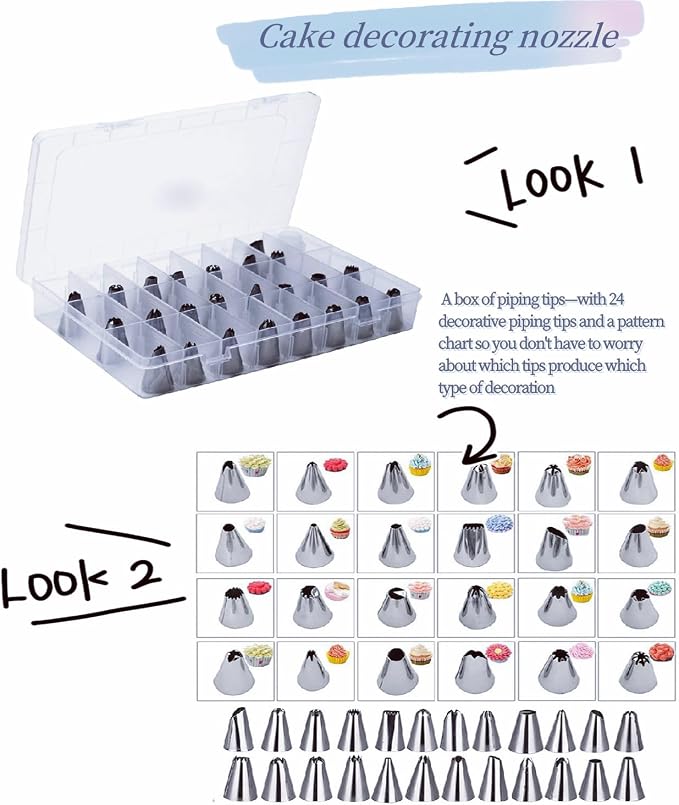 Cake Decorating Supplies Kit, Cake Baking Kit Includes 1 Cake Turntable,1 Cake Shovel, 2 Piping Bags,2 Icing Comb Scraper,3 Spatulas, A Box Of Piping Tip Set -24Types Of Cake Decorating Tips.