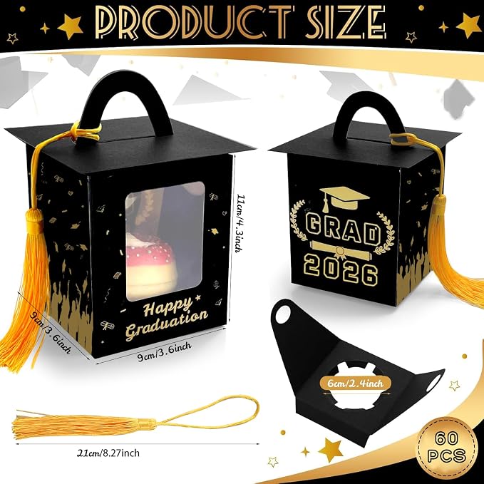 60 Pcs Graduation Cupcake Boxes Individual Cupcake Container Grad Cupcake Gift Boxes with Window for 2026 College Grad Party Bakery Wrapping (Black-60pc)