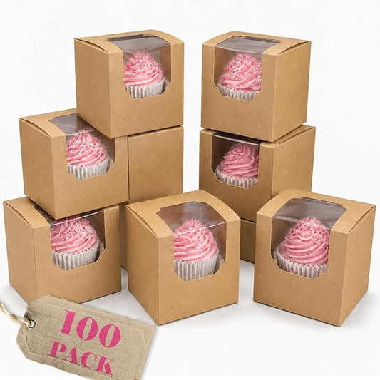 Bakepacker Auto-pop up Cupcake Boxes 100-Packs Individual Cupcake Container Brown 3.5" x 3.5" x 3.5" Single Cupcake Boxes