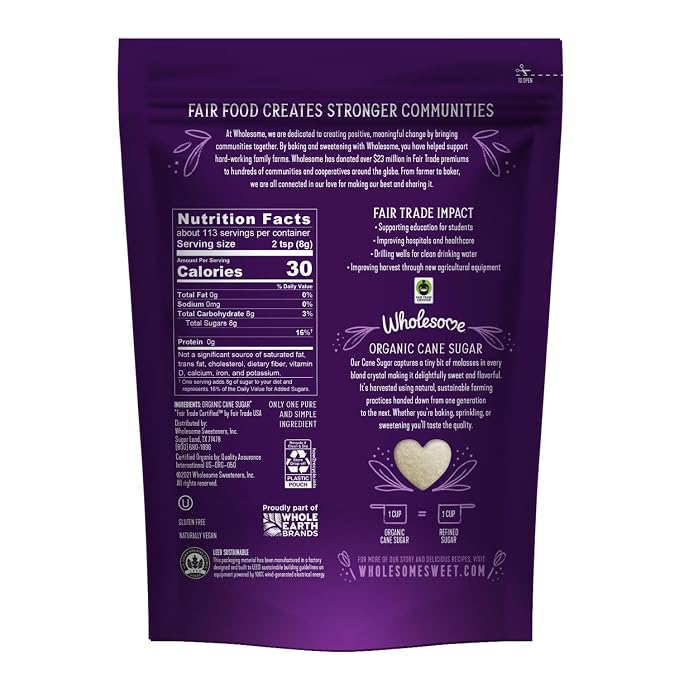Wholesome Sweeteners 4-Pound Organic Cane Sugar, Fair Trade, Non GMO, Gluten Free & Vegan for Baking and Sweetening, 6 Pack