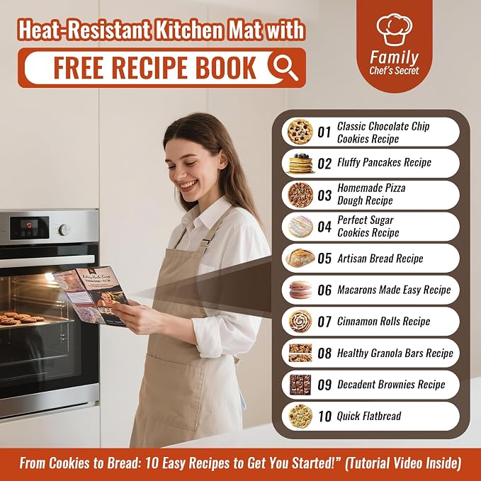 Non Stick Pastry Mat with 10 Quick Recipes, Silicone Dough Mat for Rolling, Silicone Mat for Baking Macaron, Cookie, Bread, Pizza,Surdough, Fondant Mat for Kitchen, Extra Large and Oven Safe