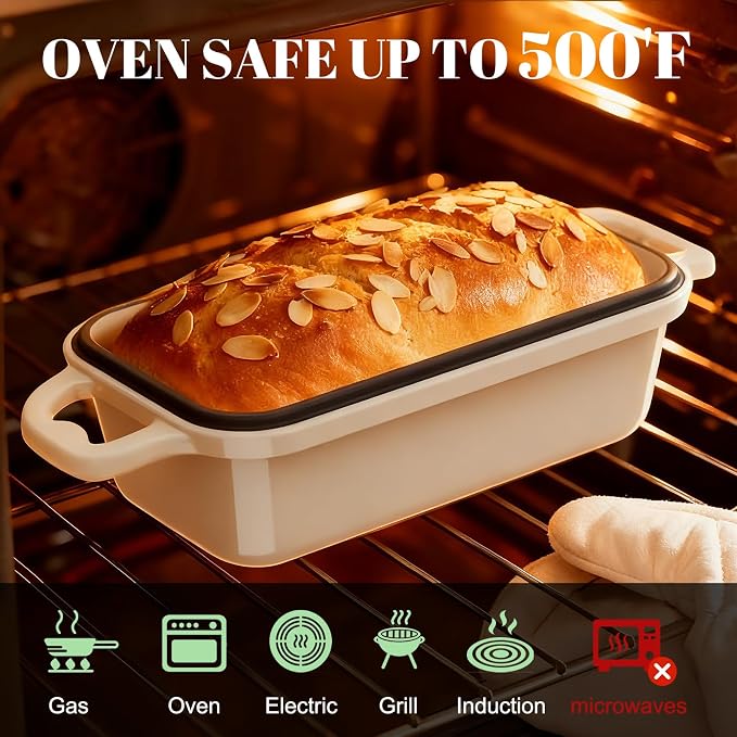 Enameled Cast Iron Sourdough Bread Dutch Oven, Cast Iron Loaf Bread Pan for Homemade Bread Baking, 2PCS 8.5 x 4.5 Inch Meatloaf Pan with Lid, Oven Safe, Cream