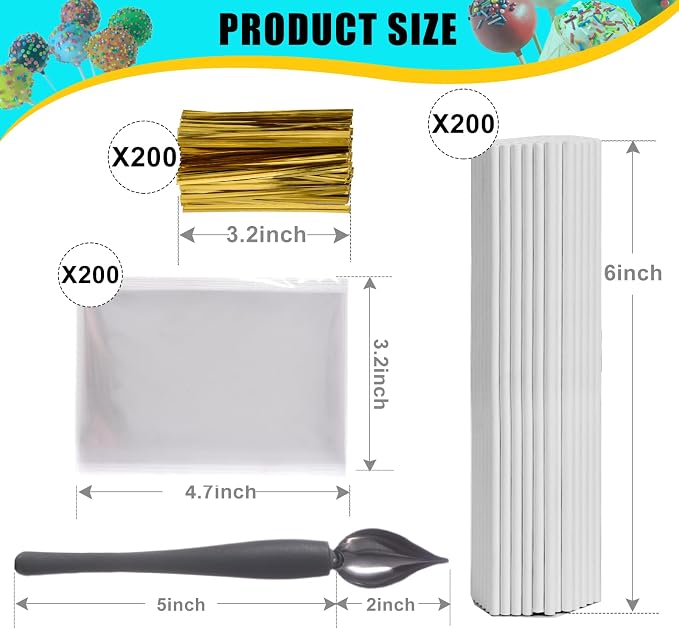 Cake Pop Kit Included 200 pcs 6 inch Lollipop Sticks and 200 pcs Clear Wrappers, 18 hole Clear Acrylic Display Stand, 1 pcs Metal Baller Scoop, 1 pcs Culinary Decorating Scooper, 200 pcs Twist Ties