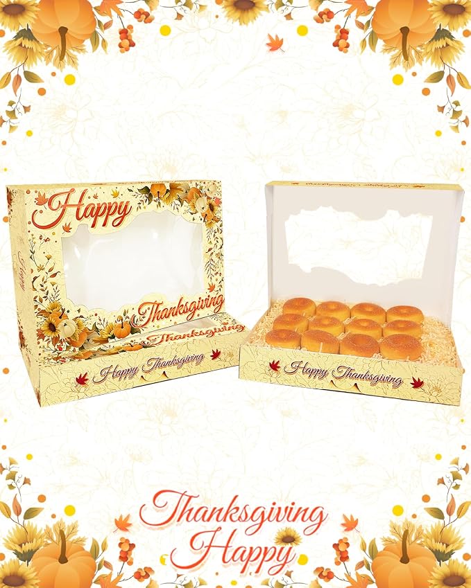 qiqee Thanksgiving 14x10x2.5 inch Auto-pop Up 24Pcs Cookie Box with Window Thanksgiving Pumkin Flower Pastry Macaron Bakery Box For Thanksgiving Day