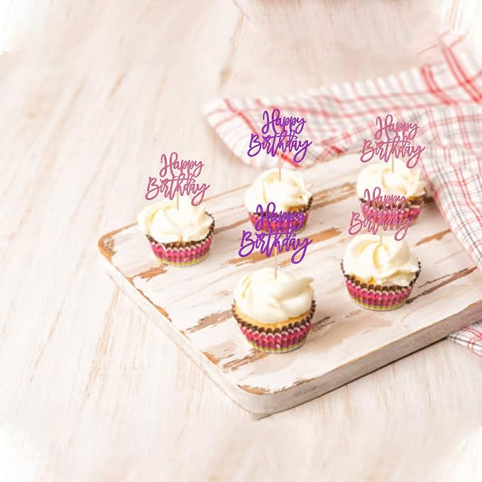 24 PCS Happy Birthday Cupcake Toppers Glitter Happy Birthday Cupcake Picks for Celebrating Anniversary Theme Party Cake Decorations Supplies Pink Purple