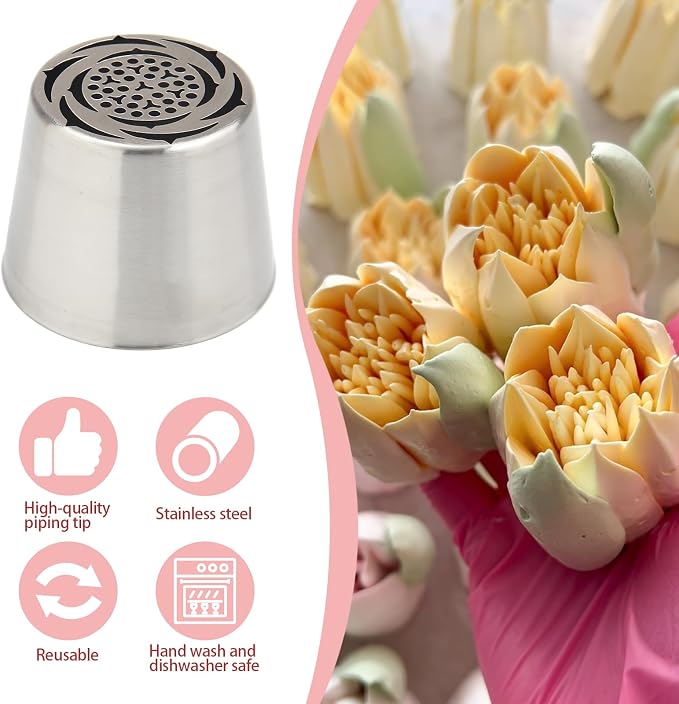 20-Piece Extra Large Flower Nozzle Set, Stainless Steel Rose Cotton Candy Flower Nozzle, Includes 6 Extra-Large, 2 Leaf Nozzles, 1 Brush, 10 Piping Bags, 1 Piping Bag Filling Aid Baking Tool