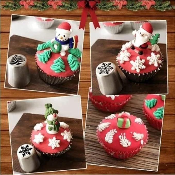 15PCS Christmas Piping Tips - Russian Icing Nozzles with Snowman, Snowflake, Christmas Tree, Santa Claus Patterns for Cupcake & Birthday Party
