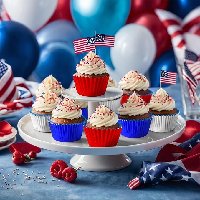 SANNIX 450Pcs 4th of July Foil Cupcake Liners Red Blue Silver Cupcake Liners Baking Cups for Patriotic Independence Day Holiday Birthday Veterans Party Cake Candy Chocolate Decorations