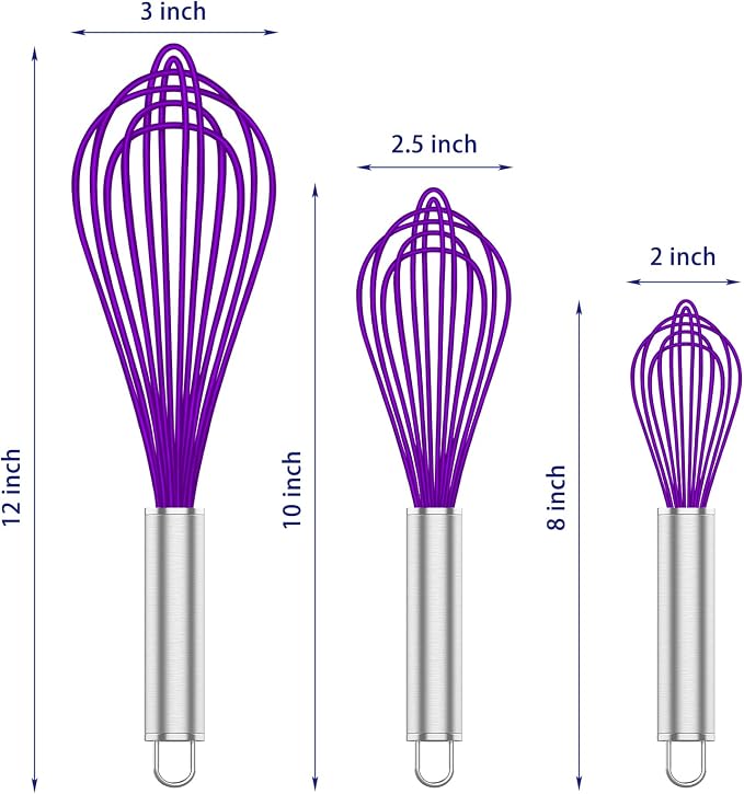 OYV Purple Silicone Whisk, Professional Whisks For Cooking Non-Scratch, Stainless Steel & Silicone Wisk, Plastic Rubber Whisk Tool For Nonstick Cookware Pans, BPA free, Silicon Wisks Set of 3