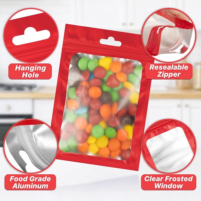 100 Pack Smell Proof Bags, Resealable Packaging Mylar Bags, Heat Seal Bags with Frosted Clear Window, Foil Pouch Smell Proof Zipper Bag for Food Storage (Red, 4.13 x 5.91)