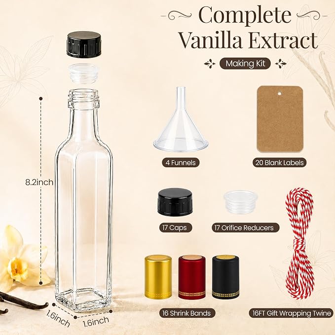 TBWIND 15 Pack 8.5oz (250ml) Vanilla Extract Bottles with Airtight Caps | Includes Shrink Bands, Labels & Funnels; Ideal for Vanilla Extract, Syrups, Infused Oils, Vinegars & Gifting
