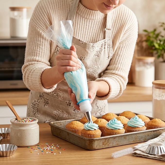 11 Piece Reusable Piping Bags and Tips Set, 16inch Pastry Bags with 6pcs Large Stainless Icing Tips, Coupler and Cleaner, Suitable for Cake Decorating, Cupcakes, Cookies
