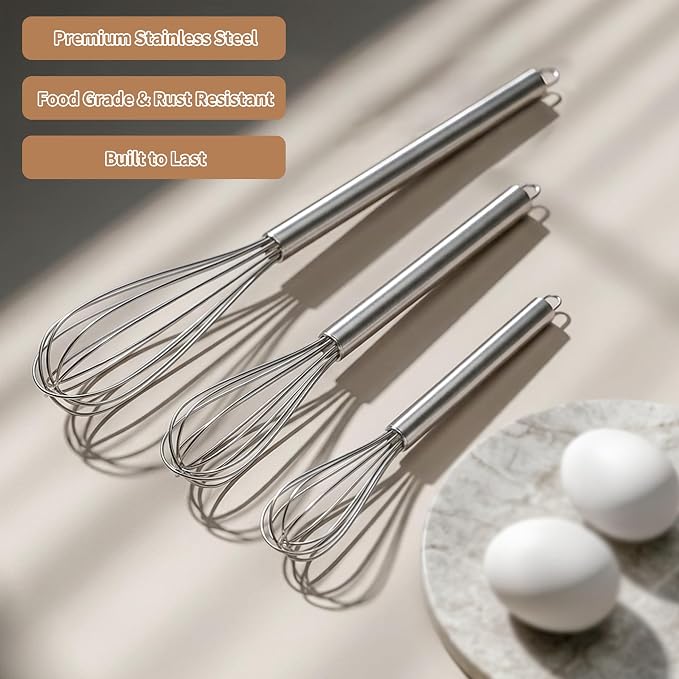 3 PCS Mini Whisk, Small Whisks for Cooking - Stainless Steel Balloon Hand Whisk Set (11", 9", 7") for Baking, Beating Eggs & Batter | Rust-Resistant & Dishwasher Safe