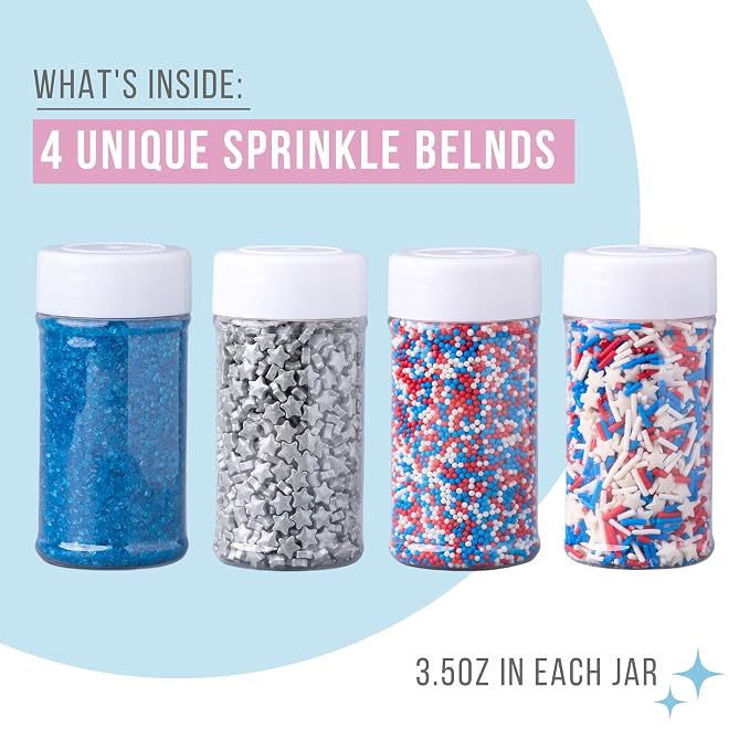 Sweets Indeed 4th of July Sprinkles 4-Pack Set – Patriotic Stars, Sanding Sugar, Nonpareils and Jimmies Mix for Baking & Decorating Cupcakes, Cookies, Cakes & Desserts – 12.25 ounces