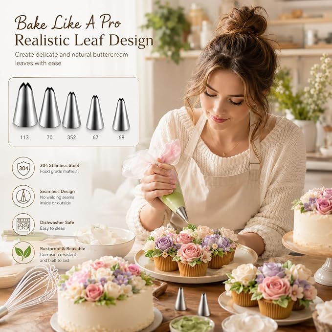 5 Pcs Leaf Piping Tips Set, 67, 68, 70, 352, 113, Stainless Steel Cake Decorating Tips, Frosting Icing Nozzles for Cupcakes, Cakes, Cookies