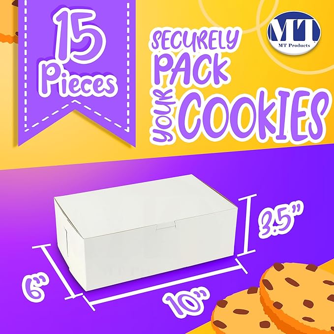 MT Products Cookie Boxes 10" x 6" x 3.5" - White Bakery Boxes No-Window for Muffin, Cupcakes, Donuts, Macaroon (Pack of 15) - Made in the USA