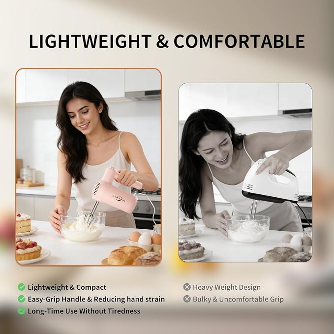 Hand Mixer Electric Handheld, Lightweight Hand Mixer Upgraded Motor, 5-Speed Electric Mixer With Stainless Steel Beaters, Dough Hooks, Westcookaid Turbo Ultra Power+ Eject For Cakes Eggs, Pink