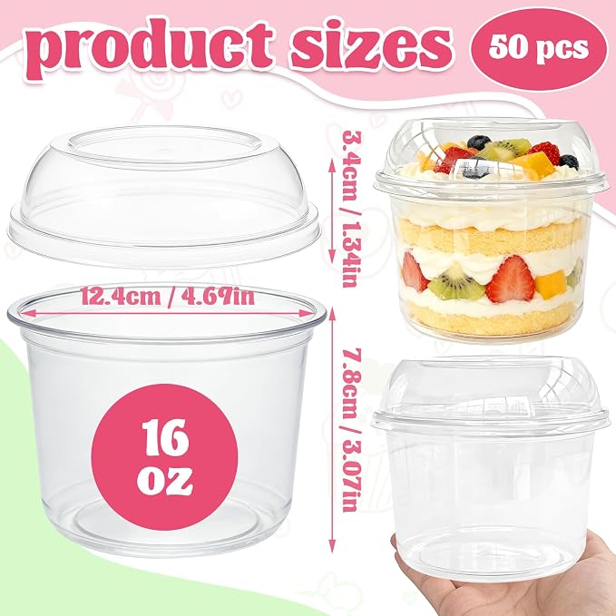 Alaeseje 50 Pack 16 oz Disposable Clear Plastic Cups,PET Dessert Cup with Lids,Disposable Snack Bowls for Cupcake,Pudding,Snacks,Yogurt,Parfait,Fruits,Mousse