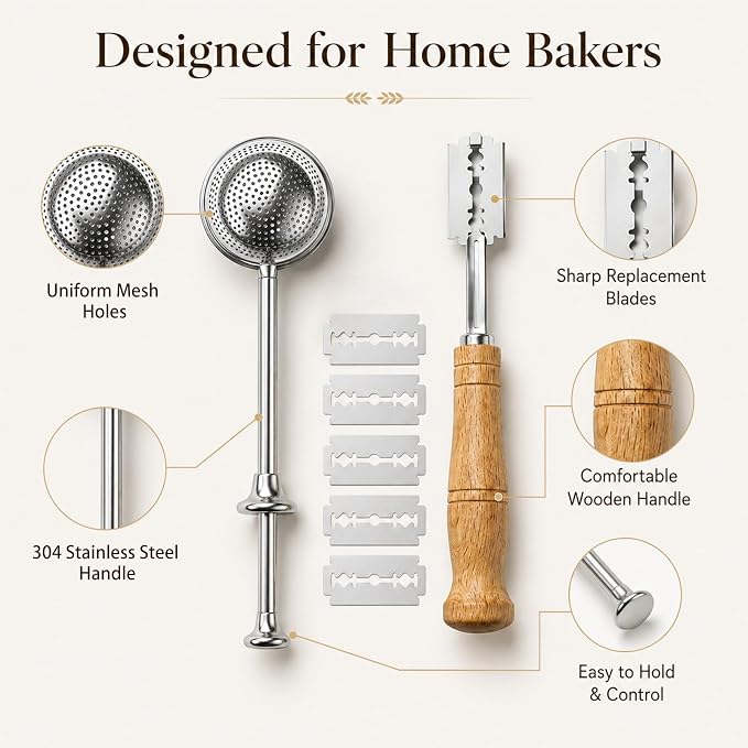 Bread Lame and Flour Duster Sets, 304 Stainless Steel Bread Scoring Tool | Ergonomic Handle, Sharp Blades, 5 Razor Blades and Leather Cover, Perfect for Home Bakers to Make Homemade Bread