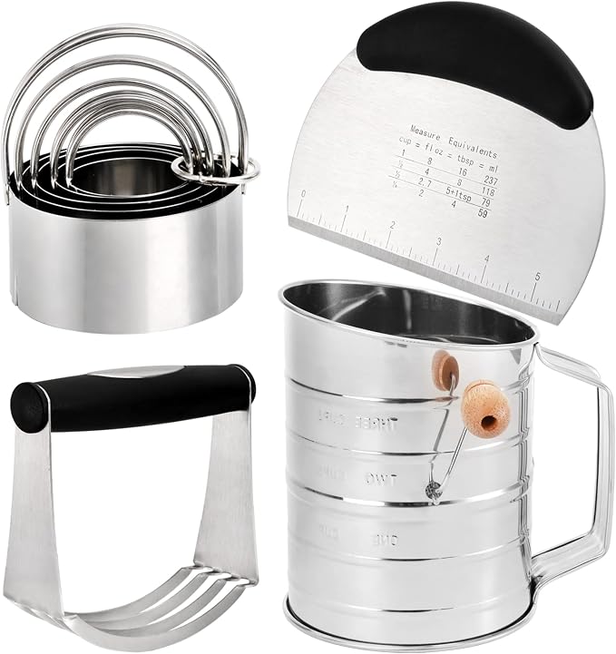 Tosnail Pastry Cutter, Dough Blender, 3 Cup Flour Sifter and Biscuit Cutter, 8 Pieces Stainless Steel Professional Dough Tools for Baking Cookies and Donuts